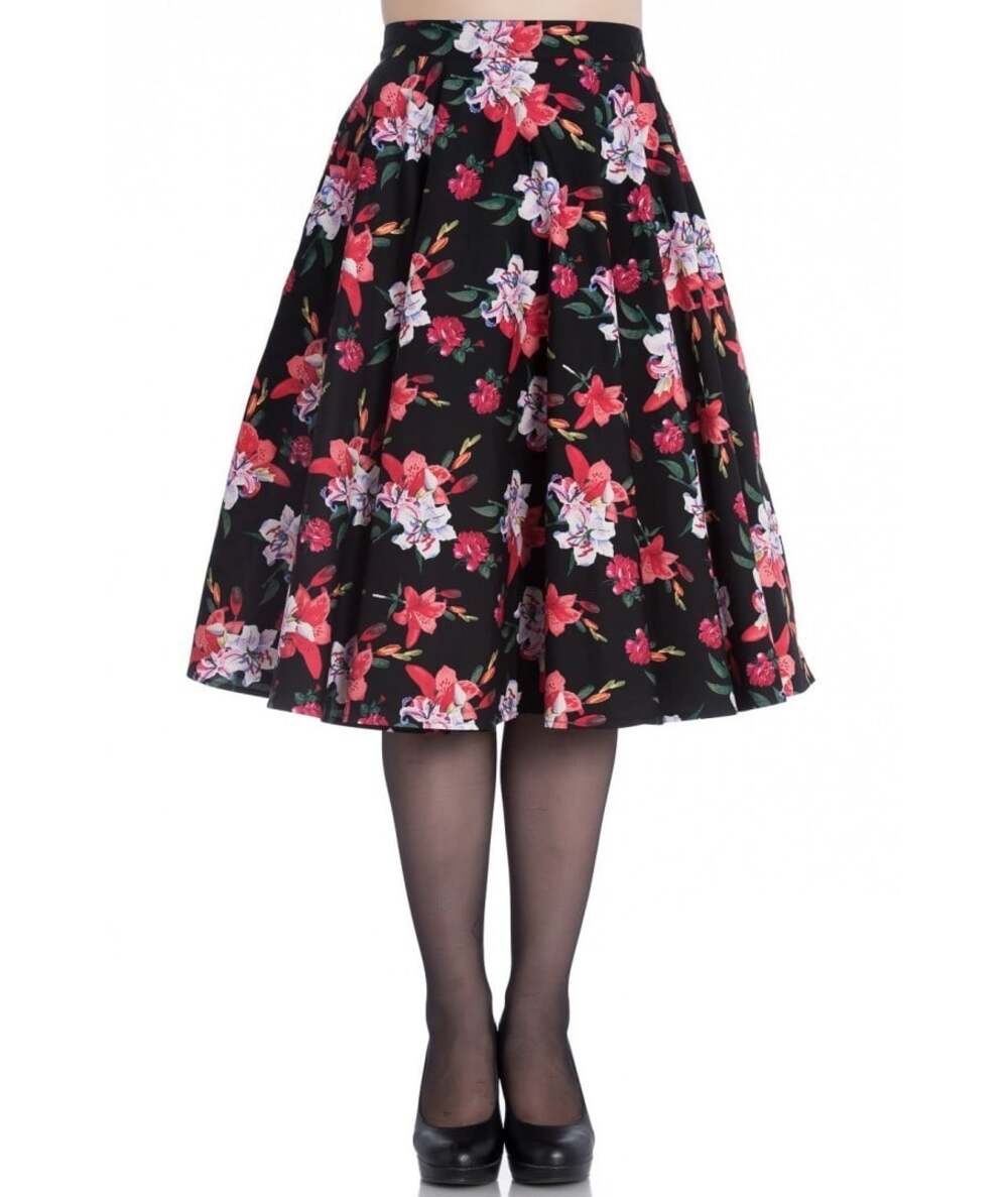 Hell Bunny Liliana 50s Size Small Black Lily Floral Print Knee Lengh Skirt NWOT